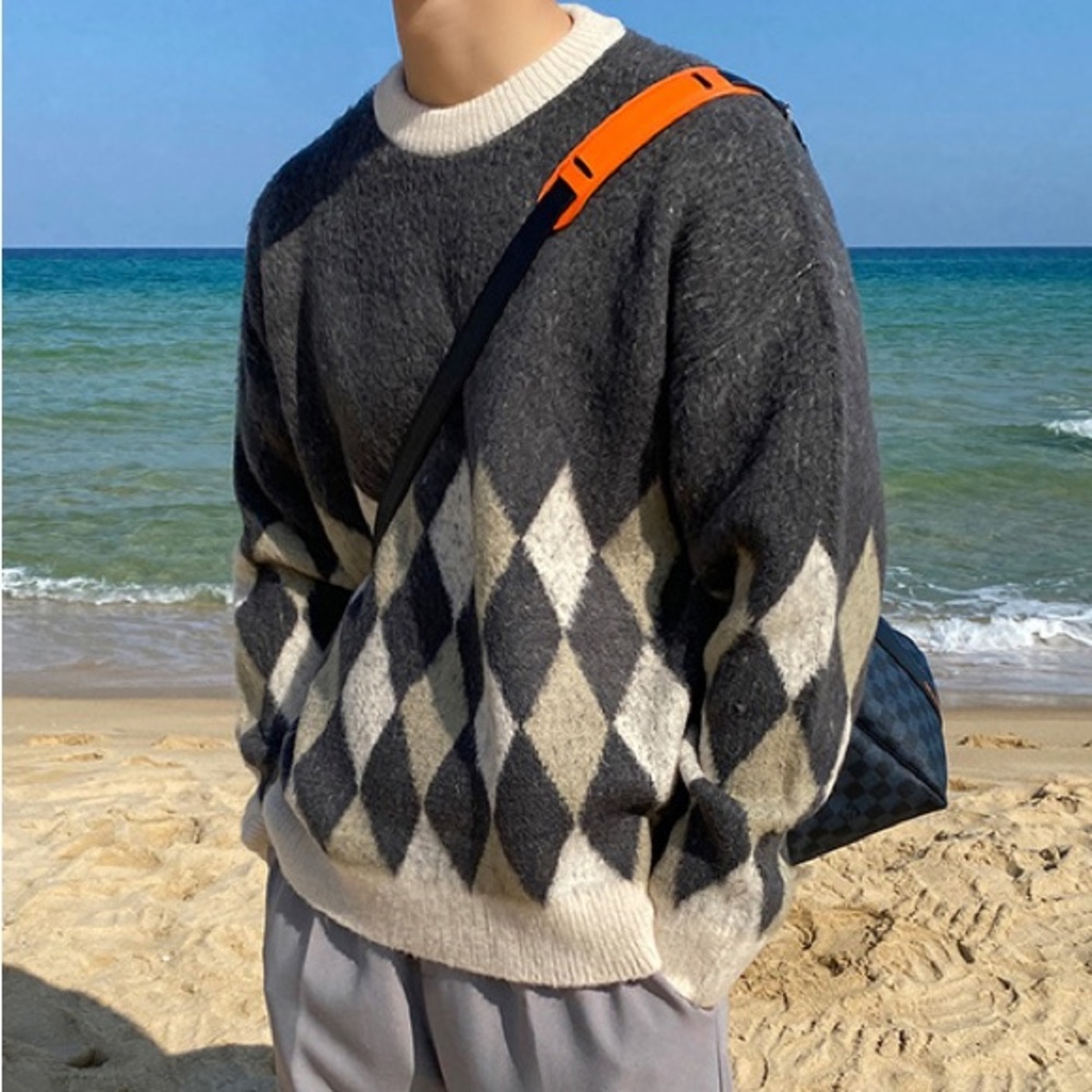 CHALK Brush Argyle Round Knit Unisex Sweater XL